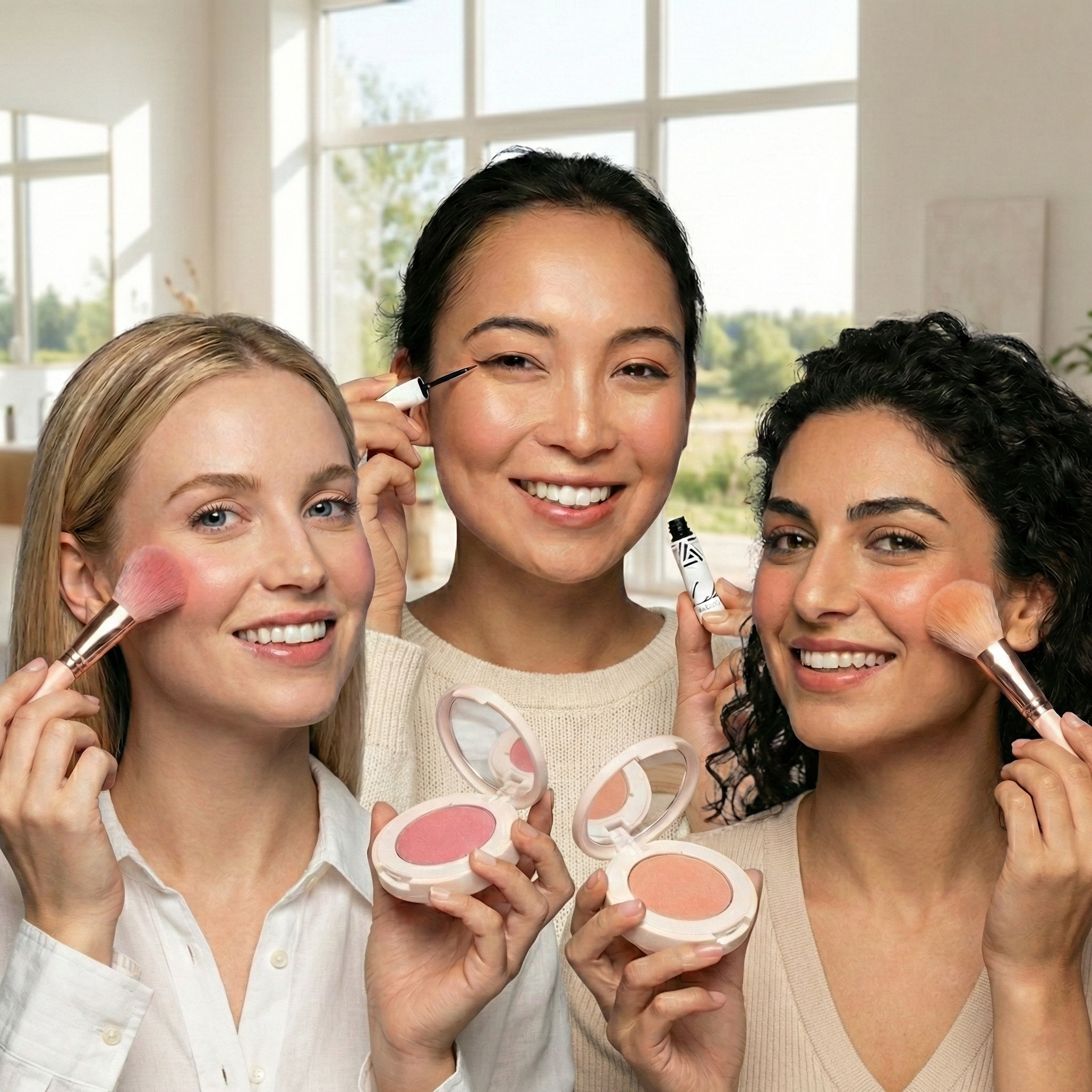 ผู้หญิงสามคนยิ้มขณะใช้เครื่องสำอางที่เกี่ยวกับ Liht Organics