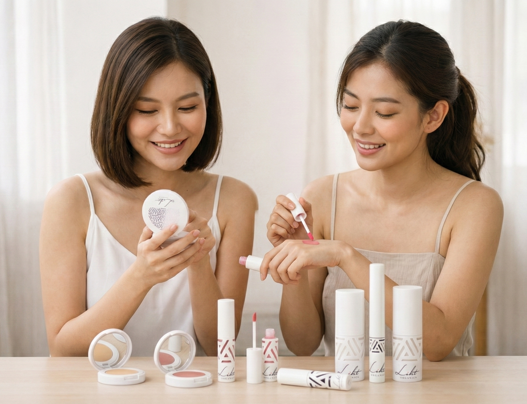 confident women smiling while applying Organic Makeup from Liht Organics